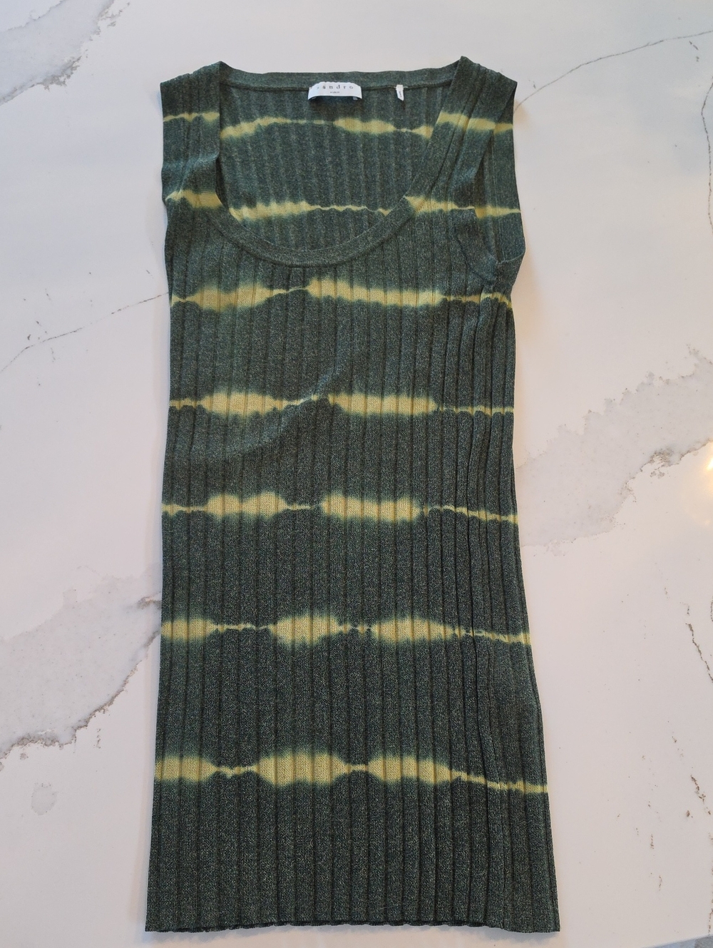 Sandro Olive Green Ribbed Tank with Yellow Stripe Tie-Dye